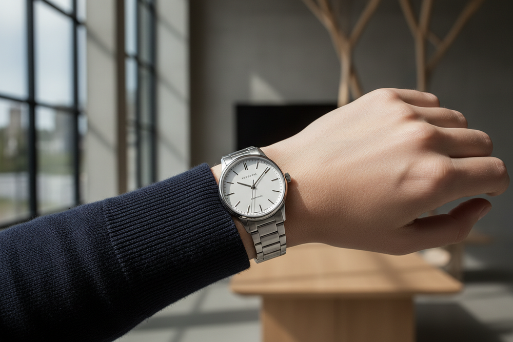 Nordgreen Guardian 36mm Silver Automatic H-Link watch worn on wrist, luxury lifestyle editorial