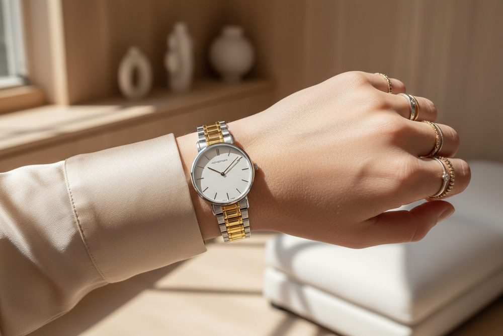 Nordgreen Native 28mm Two-Tone 5-Link Dress Watch worn on wrist, luxury lifestyle editorial