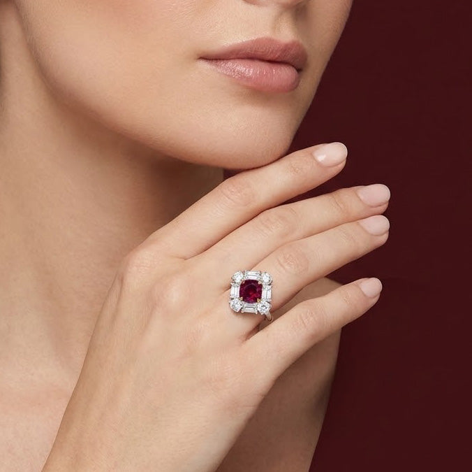 LEIBISH 0.60ct Red Ruby &amp; Diamond Halo Ring
